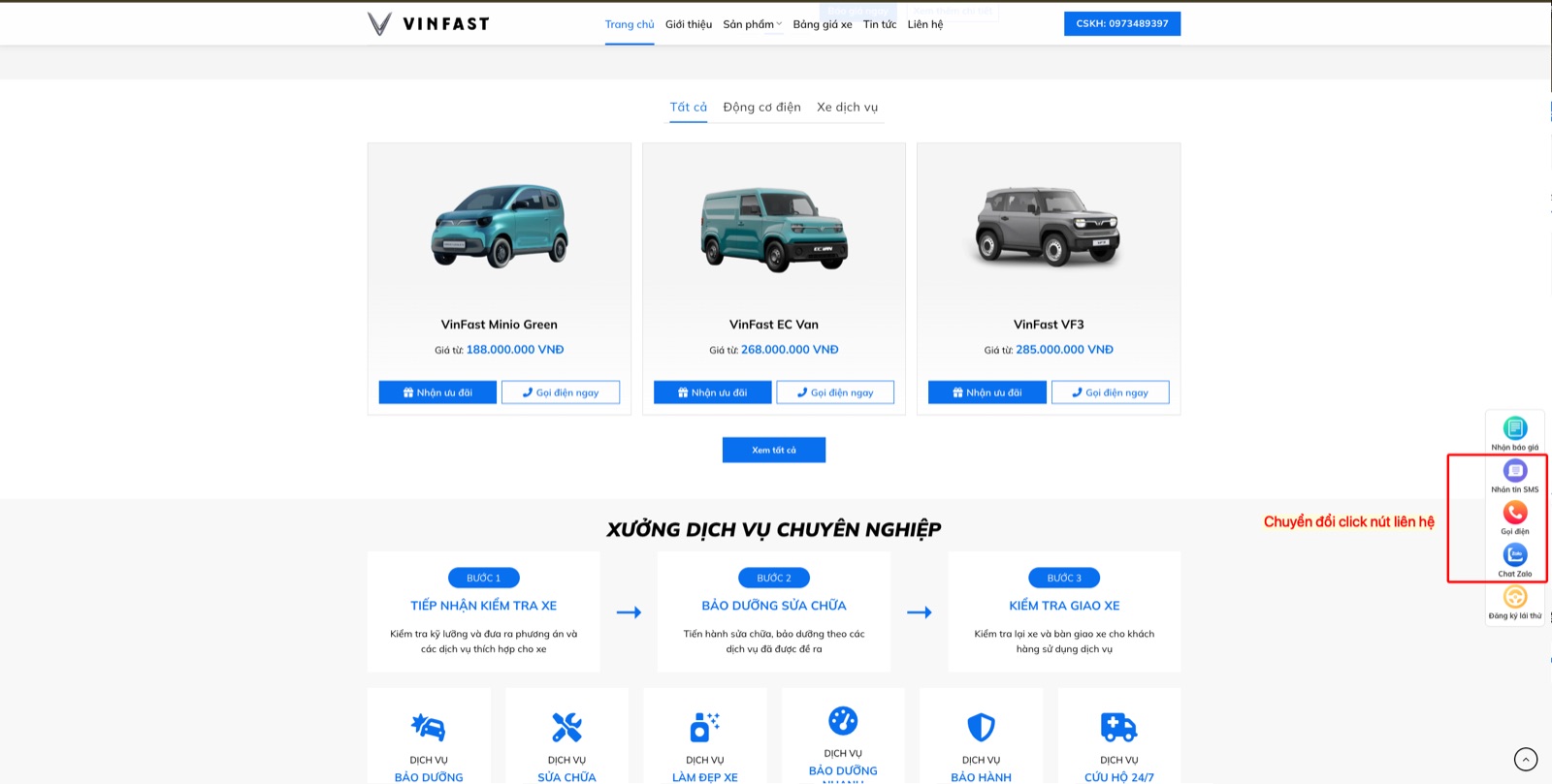 Ví dụ chuyển đổi click nút liên hệ trên website
