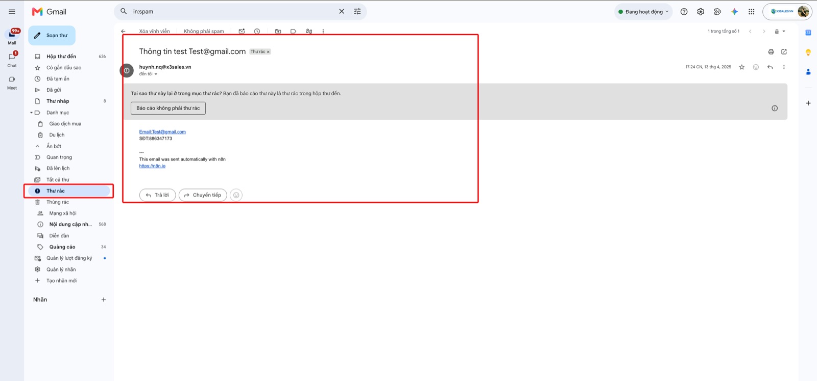Kiểm tra email thông tin khách hàng trong thư rác